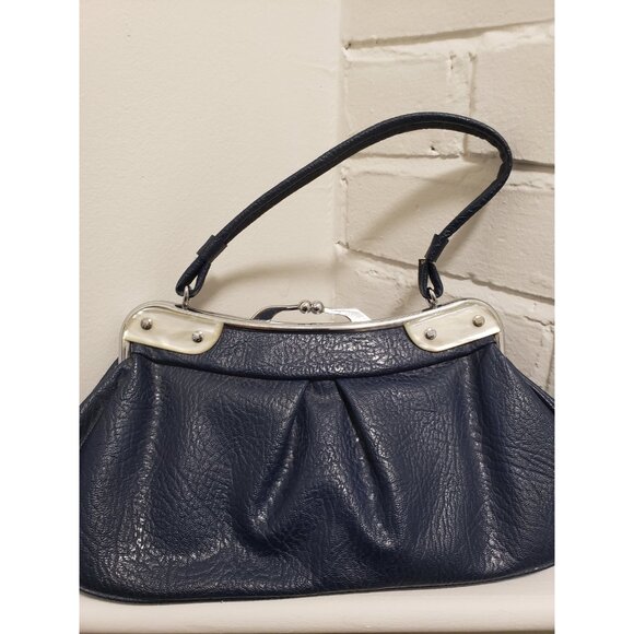 Navy Blue Top Handle Purse Pleated Vintage Purse - Picture 10 of 10